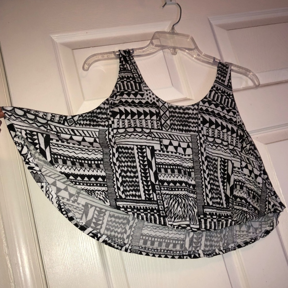 High Front Low Back Crop Top. Worn.